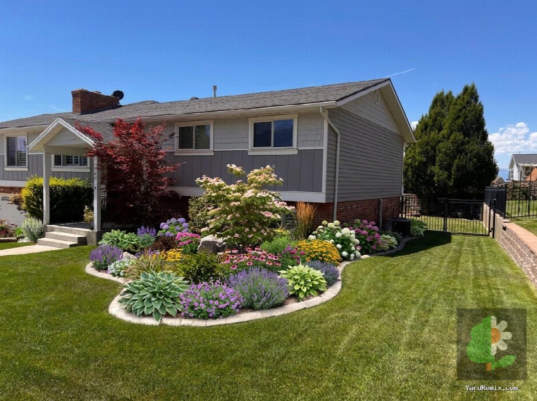 After: the yard remixed into Lush Garden Beds by YardRemix AI