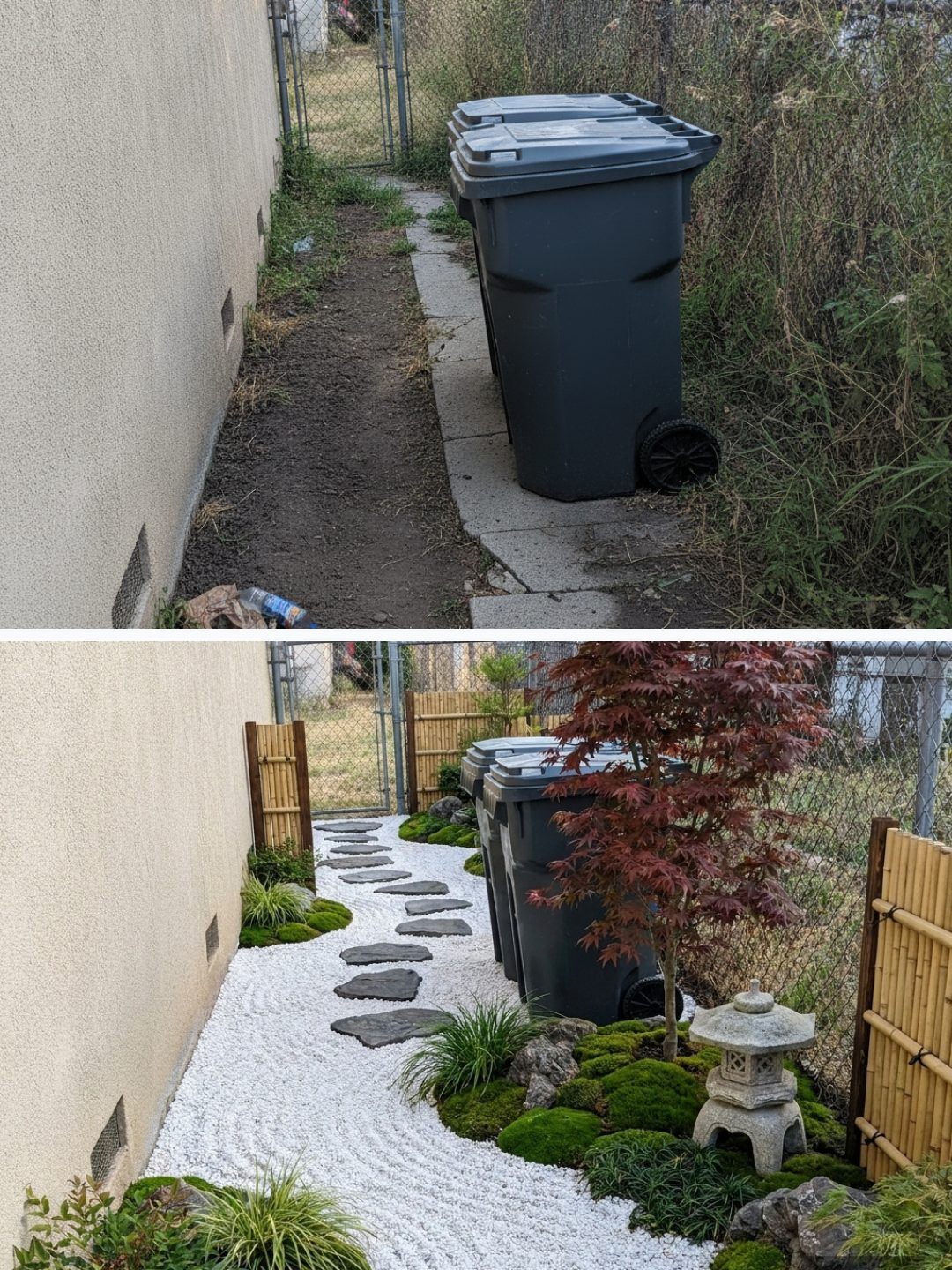 Before and after: yard remixed into Japanese Zen with YardRemix AI