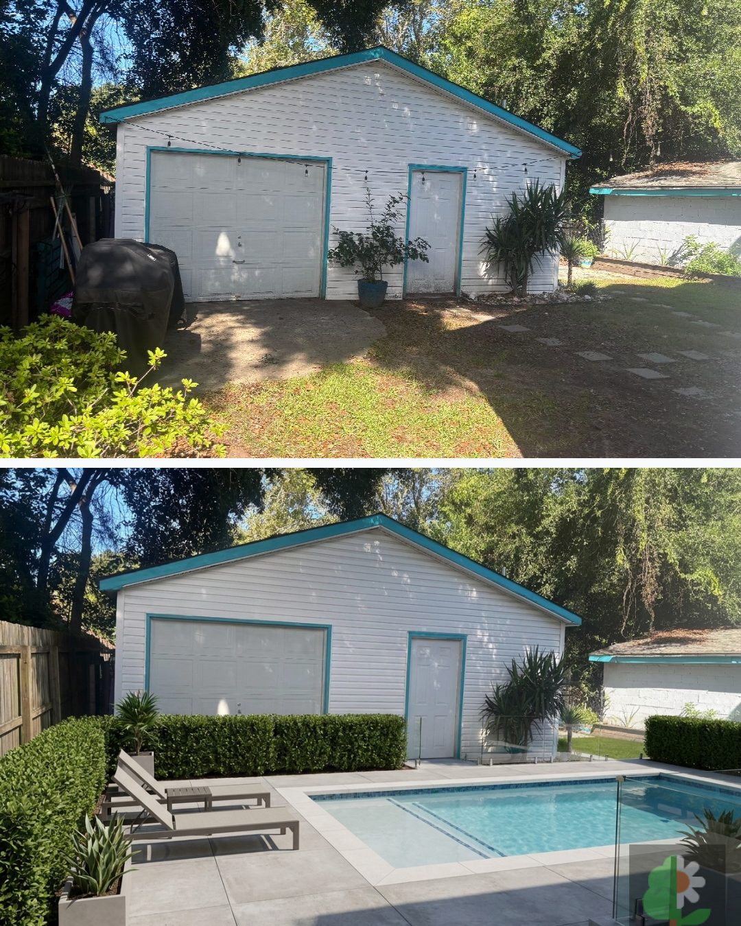 Before and after: yard remixed into Modern Poolscape with YardRemix AI