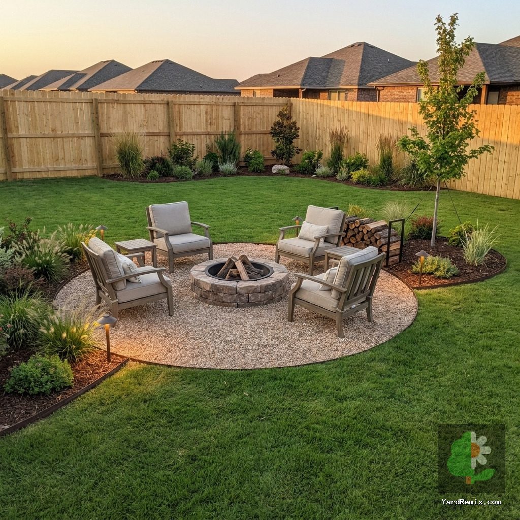 After: the yard remixed into Cozy Fire Pit by YardRemix AI