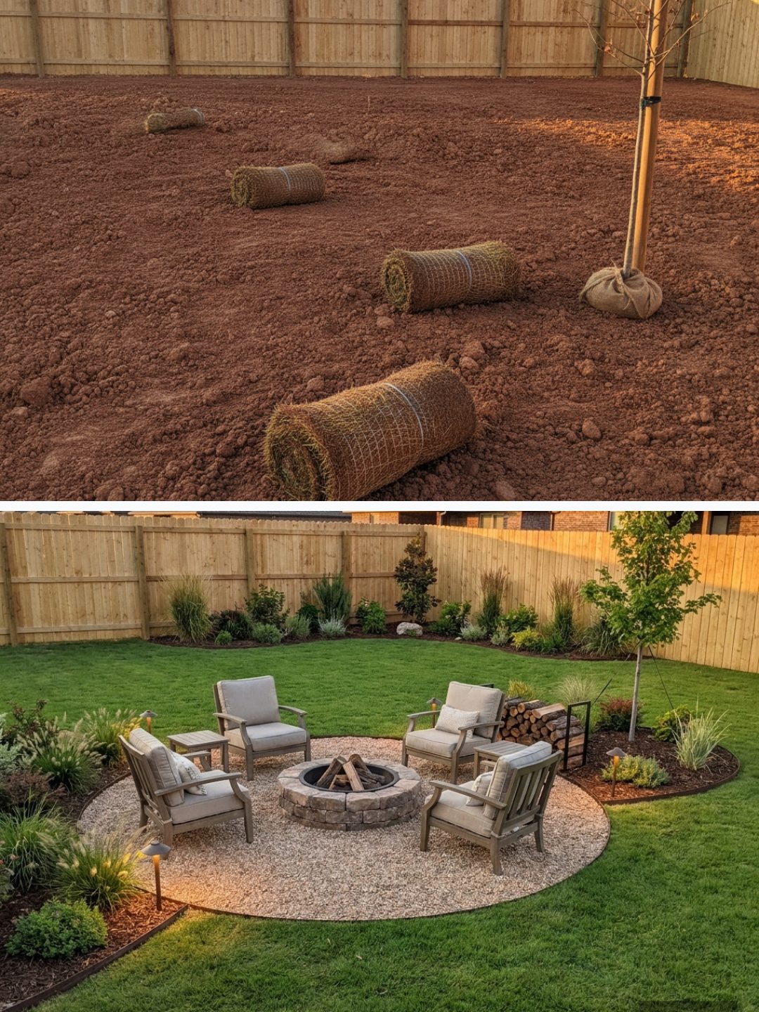 Before and after: yard remixed into Cozy Fire Pit with YardRemix AI