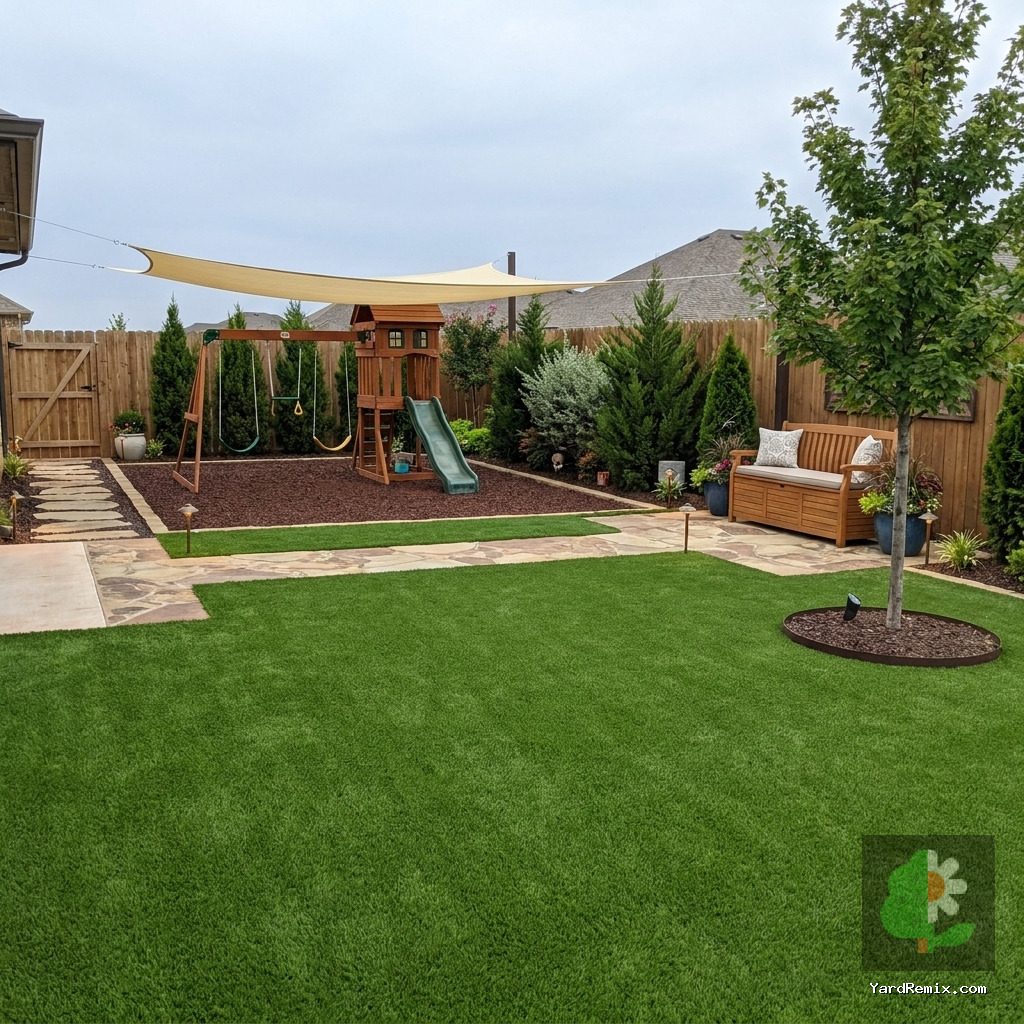 After: the yard remixed into Family Play Area by YardRemix AI