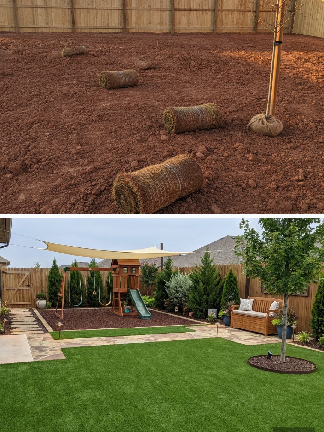 Before and after: yard remixed into Family Play Area with YardRemix AI