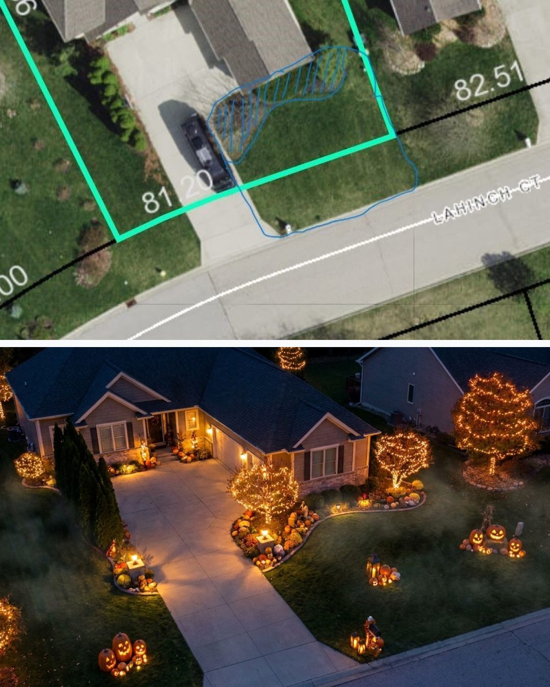 Before and after: yard remixed into Spooky Season with YardRemix AI