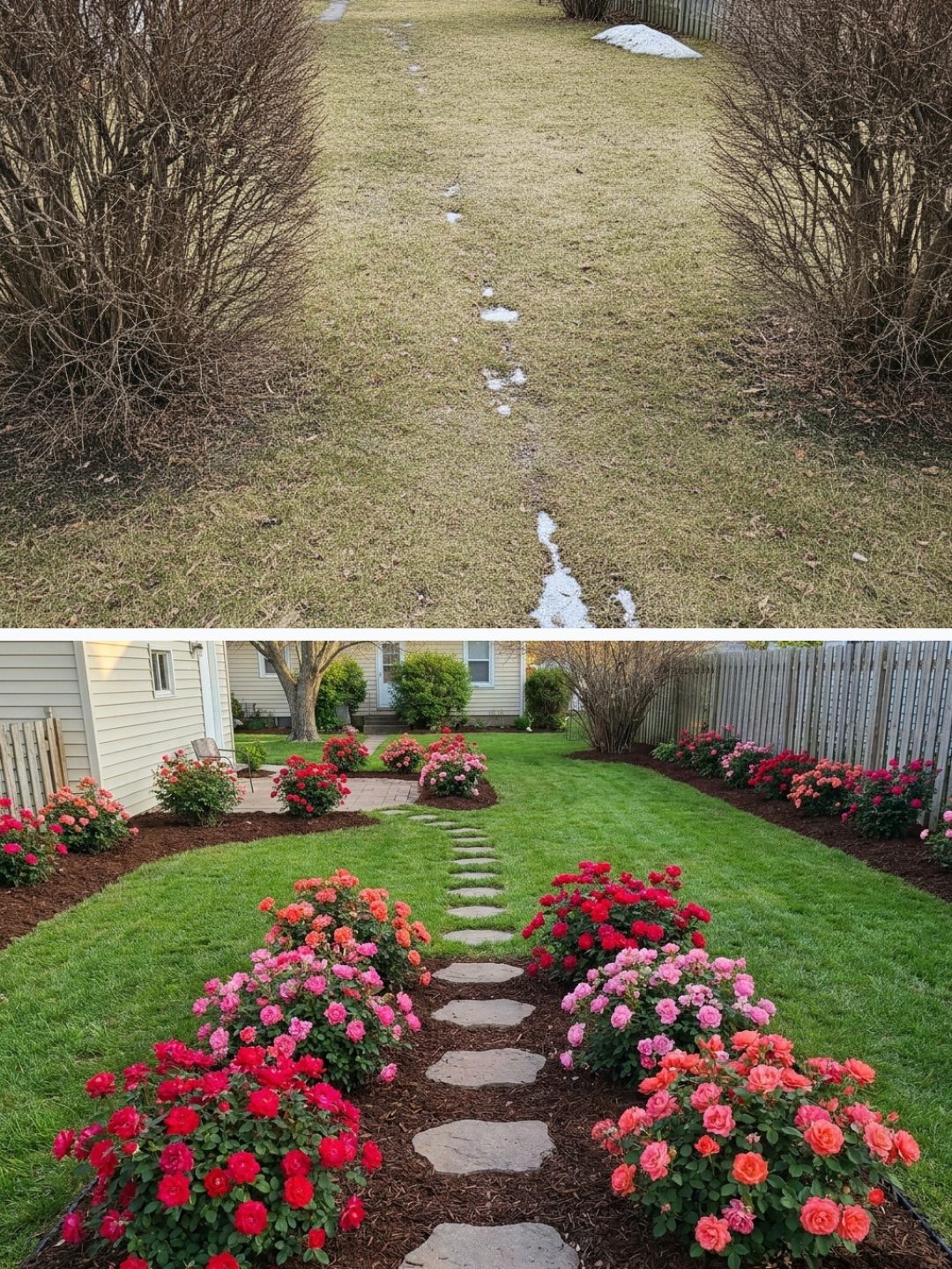 Before and after: yard remixed into Knockout Roses with YardRemix AI