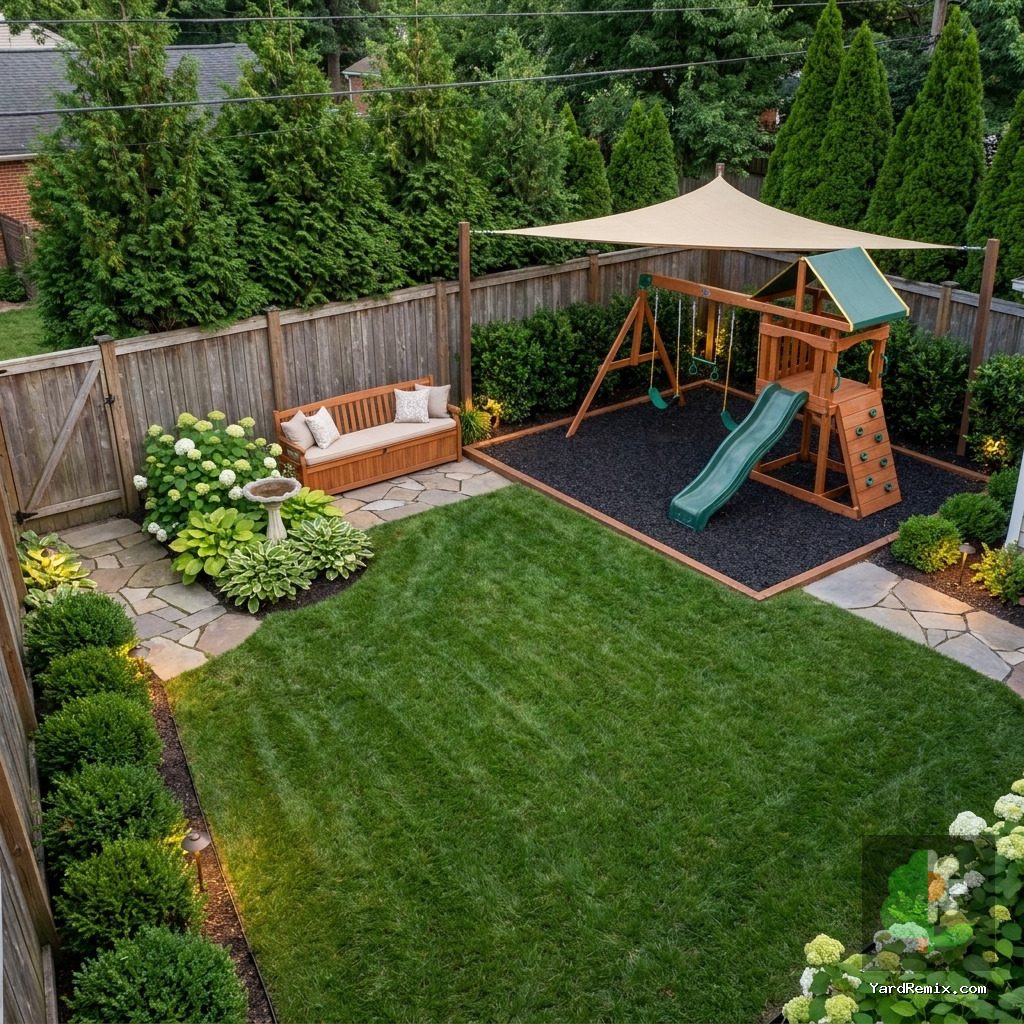 After: the yard remixed into Family Play Area by YardRemix AI