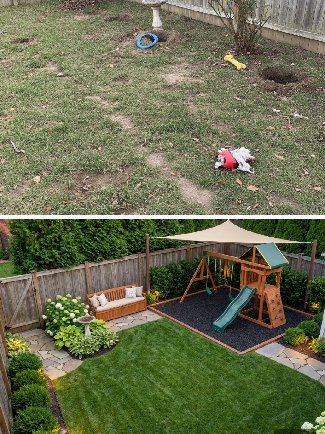 Before and after: yard remixed into Family Play Area with YardRemix AI