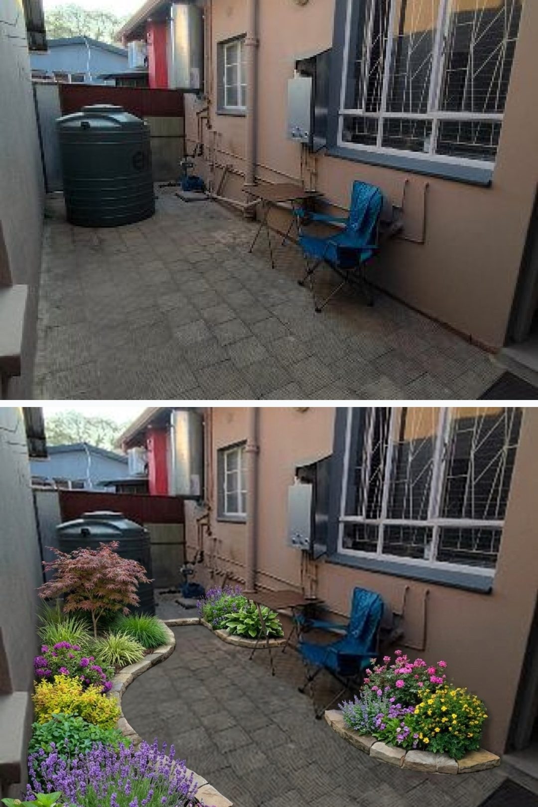 Before and after: yard remixed into Lush Garden Beds with YardRemix AI