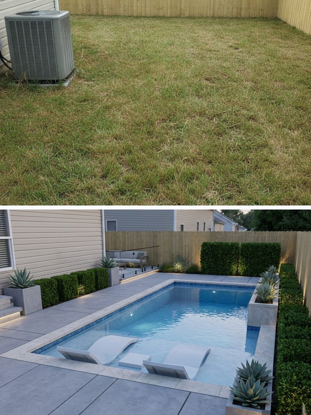 Before and after: yard remixed into Modern Poolscape with YardRemix AI