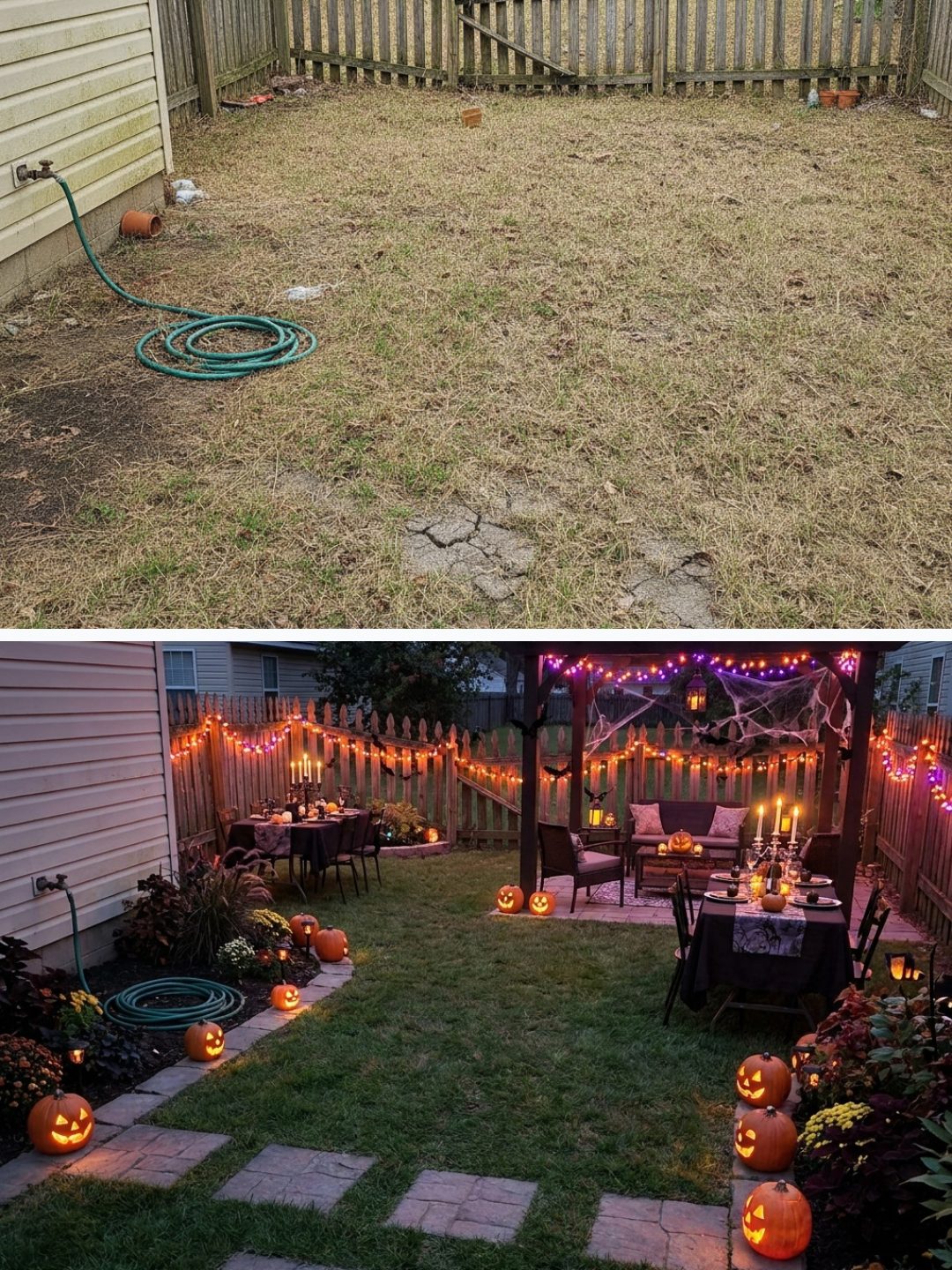 Before and after: yard remixed into Halloween Party with YardRemix AI