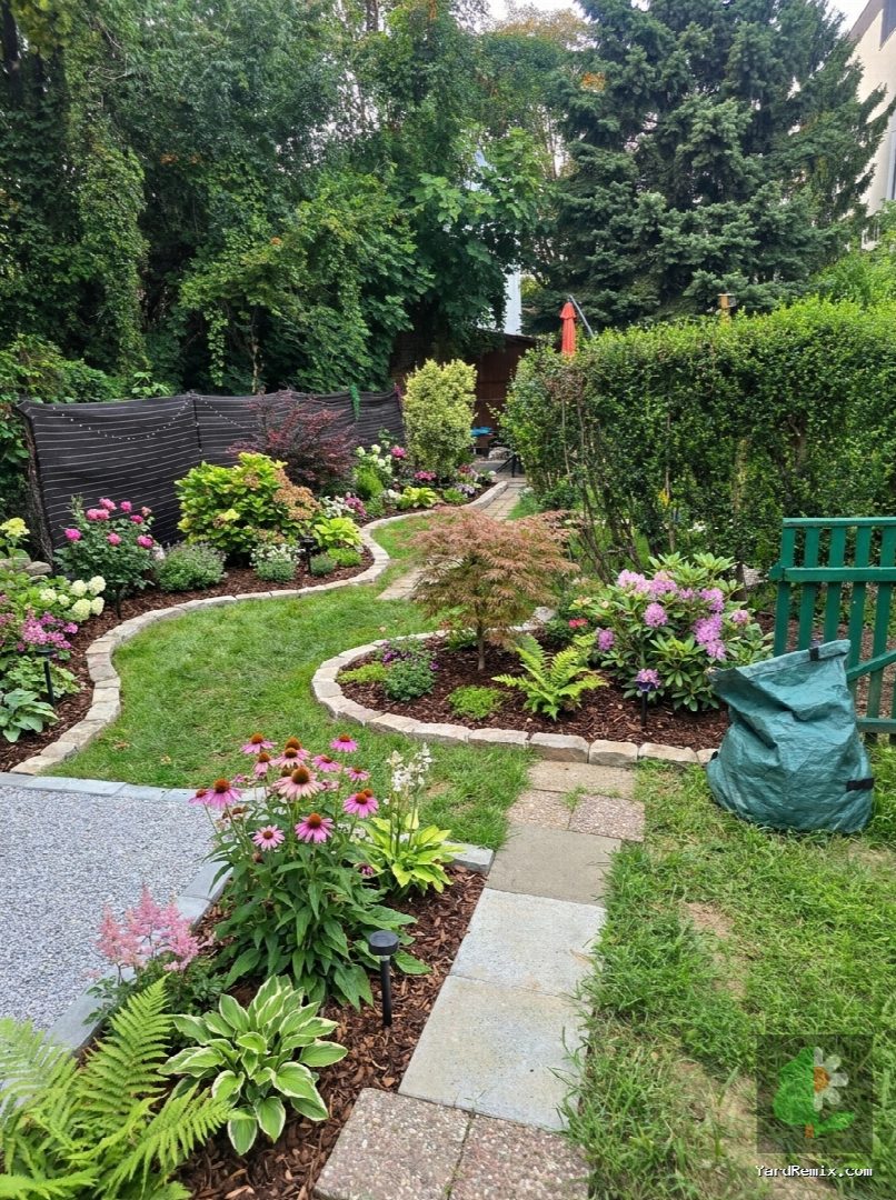 After: the yard remixed into Lush Garden Beds by YardRemix AI