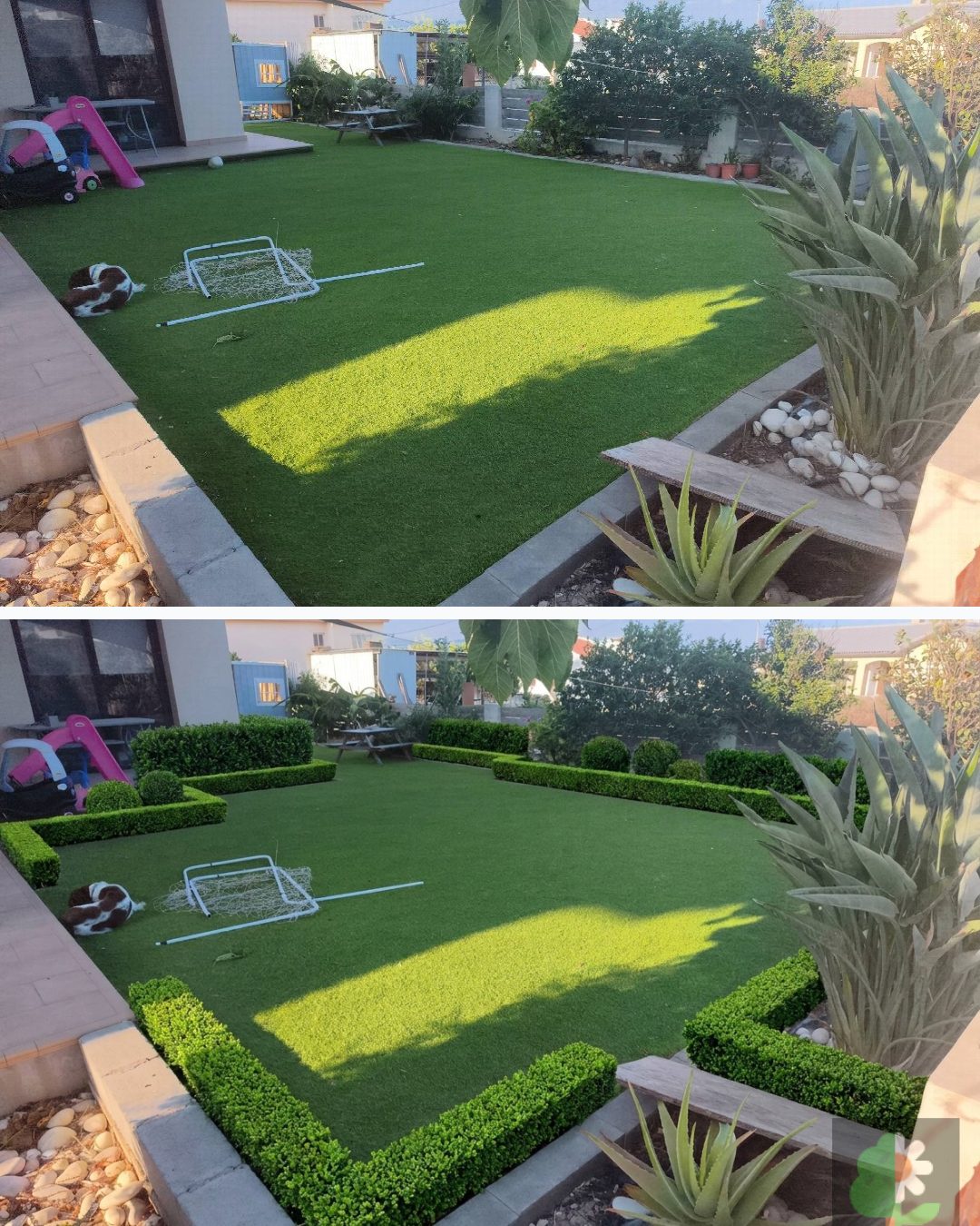 Before and after: yard remixed into Boxwood Hedges with YardRemix AI
