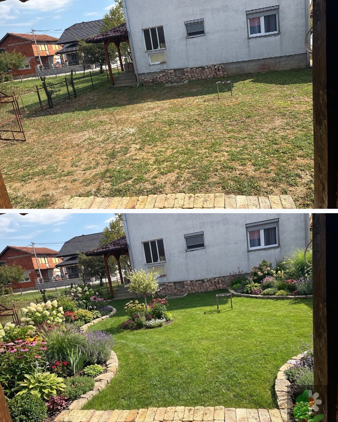 Before and after: yard remixed into Lush Garden Beds with YardRemix AI