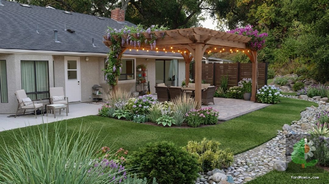 After: the yard remixed into Shaded Pergola by YardRemix AI