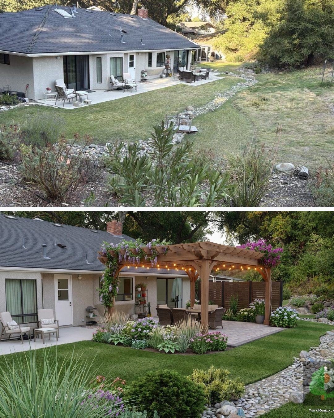 Before and after: yard remixed into Shaded Pergola with YardRemix AI