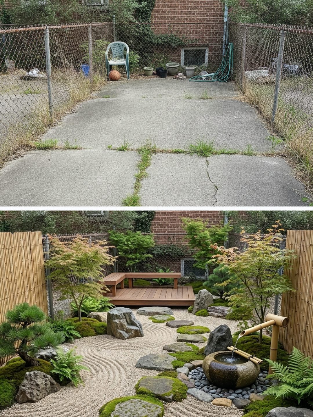 Before and after: yard remixed into Zen Rock Garden with YardRemix AI