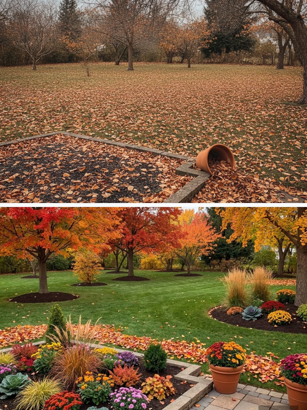 Before and after: yard remixed into Fall Foliage Trees with YardRemix AI