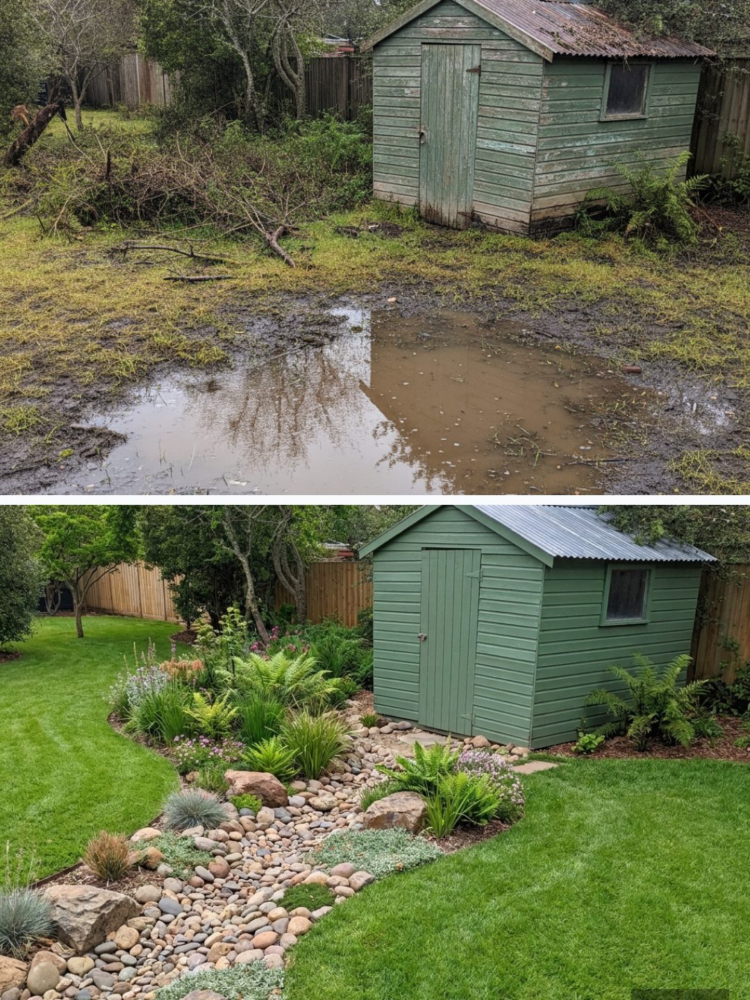 Before and after: yard remixed into AI yard makeover with YardRemix AI