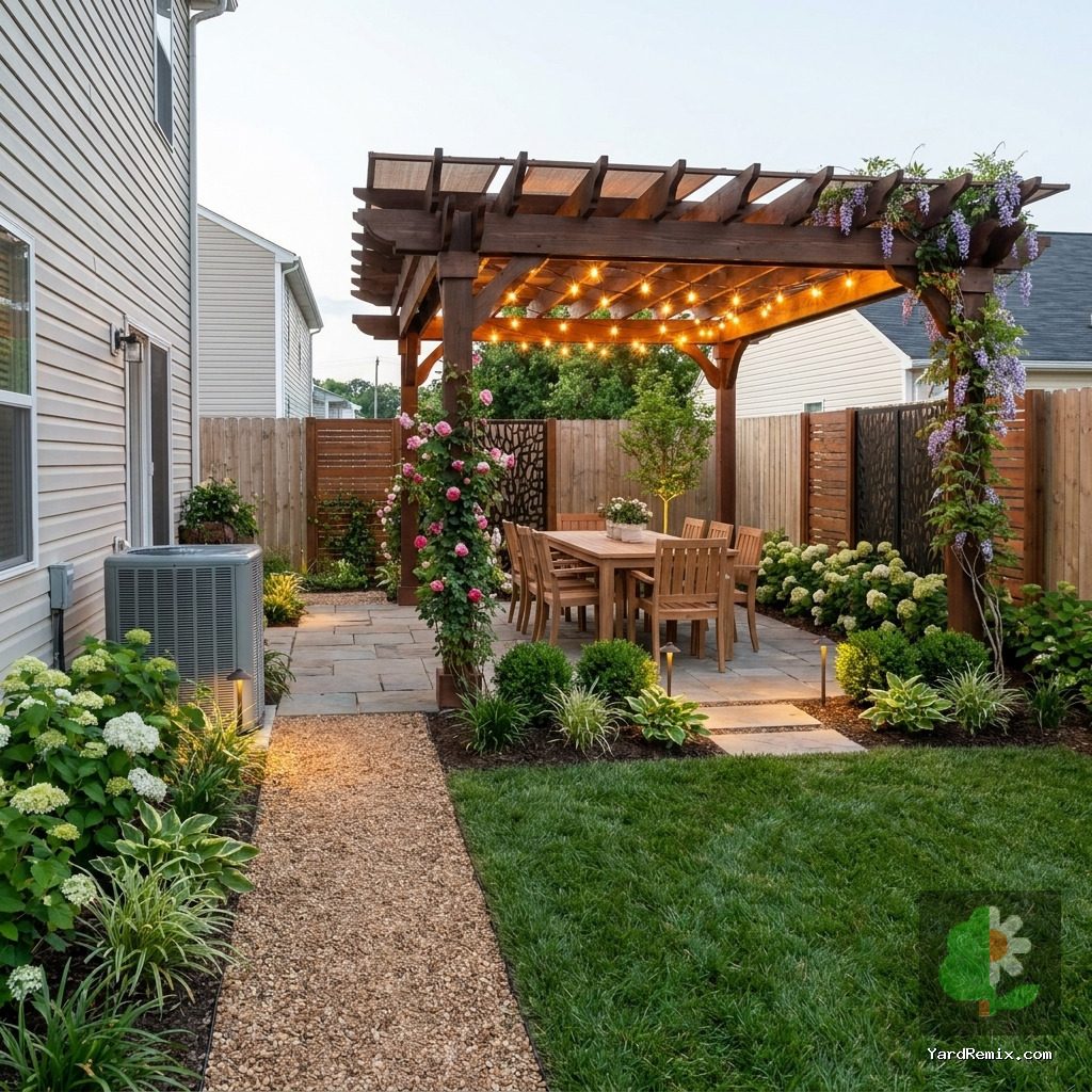 After: the yard remixed into Shaded Pergola by YardRemix AI