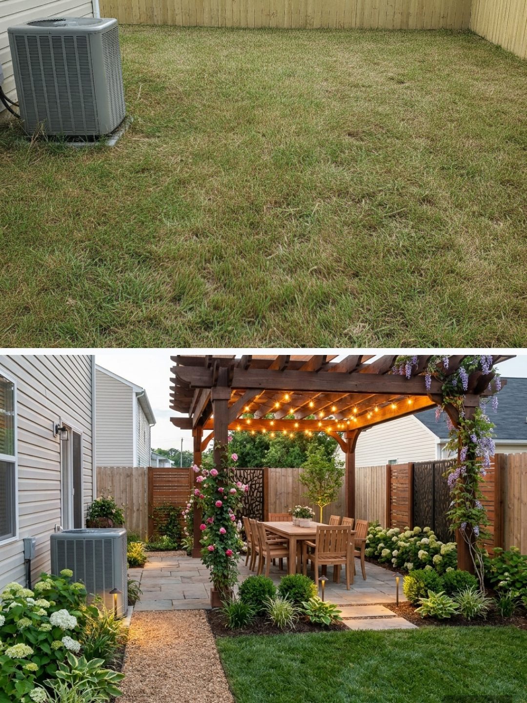 Before and after: yard remixed into Shaded Pergola with YardRemix AI