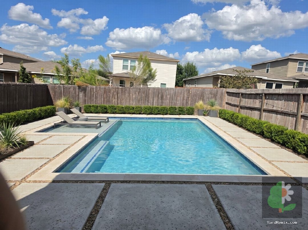 After: the yard remixed into Modern Poolscape by YardRemix AI