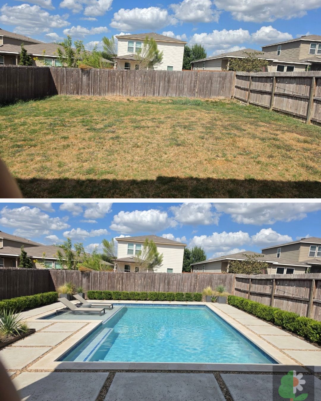 Before and after: yard remixed into Modern Poolscape with YardRemix AI