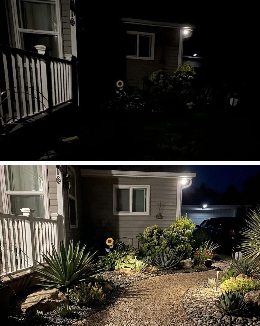 Before and after: yard remixed into Desert Xeriscape with YardRemix AI
