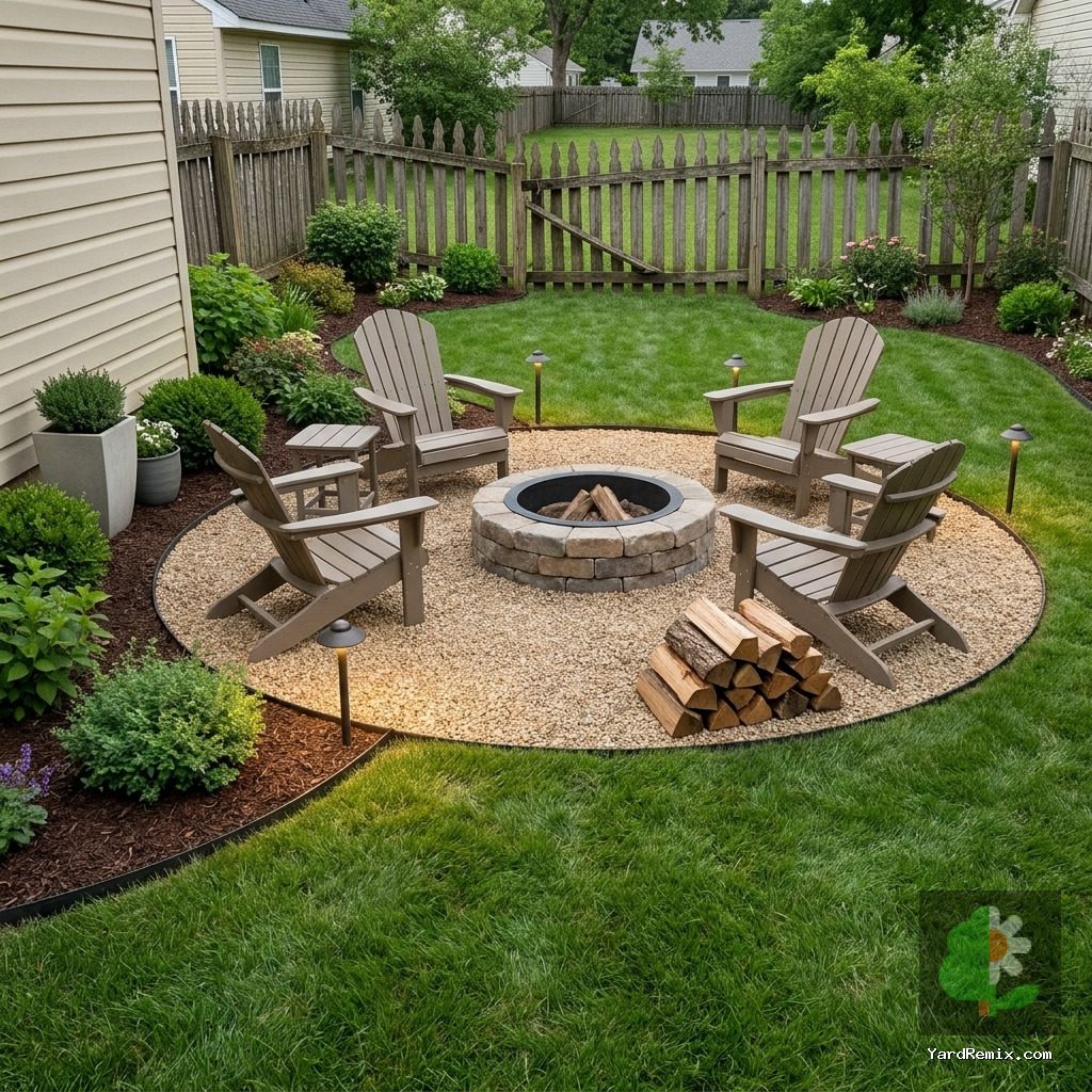 After: the yard remixed into Cozy Fire Pit by YardRemix AI