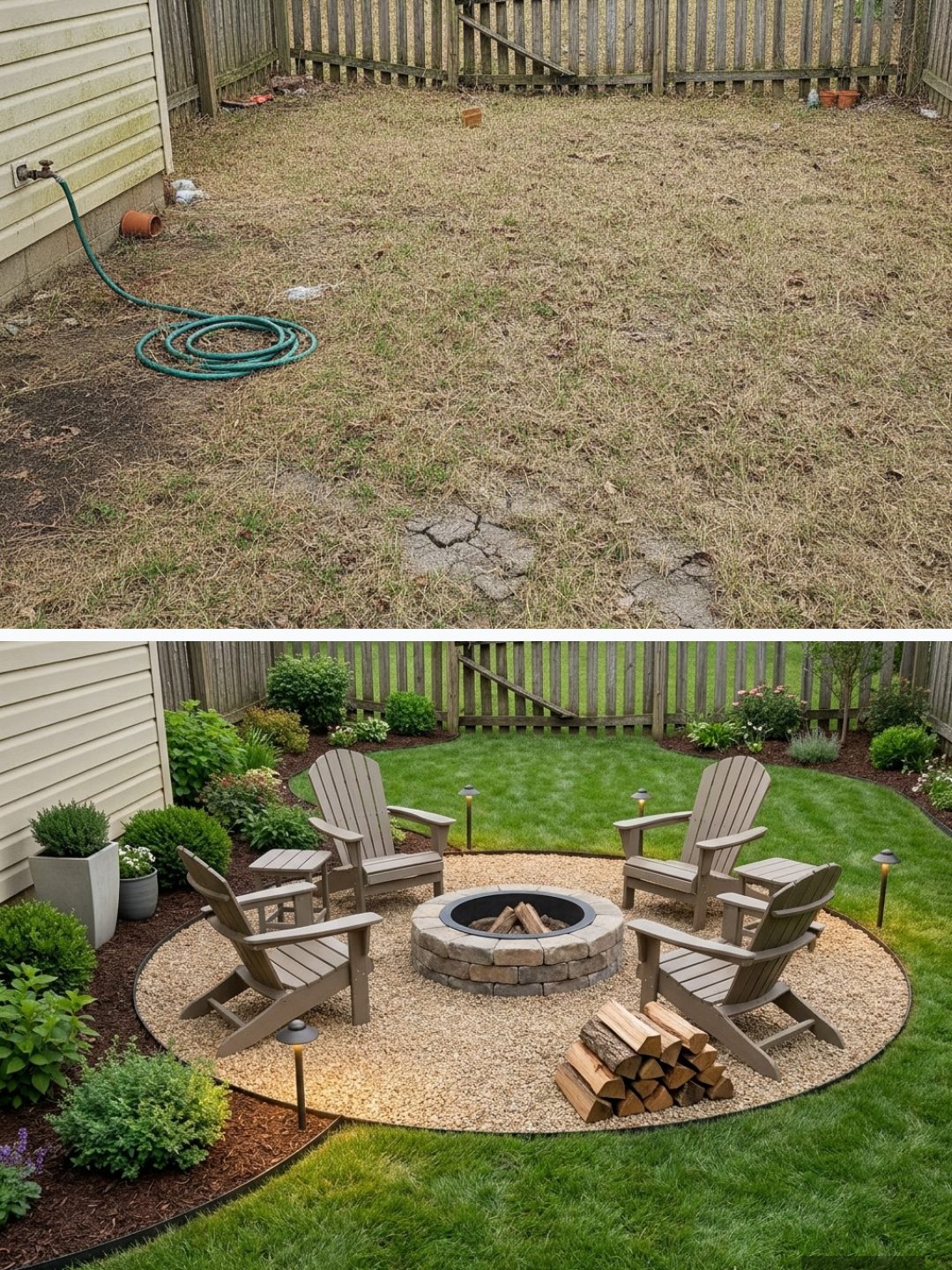 Before and after: yard remixed into Cozy Fire Pit with YardRemix AI
