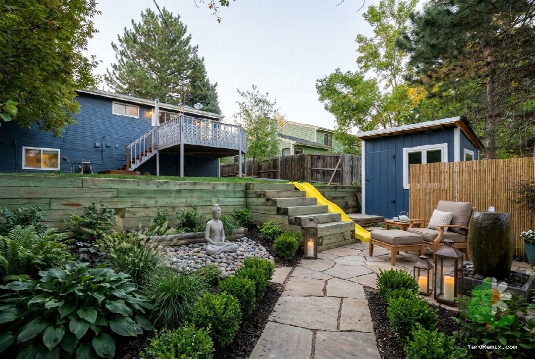 After: the yard remixed into Meditation Retreat by YardRemix AI