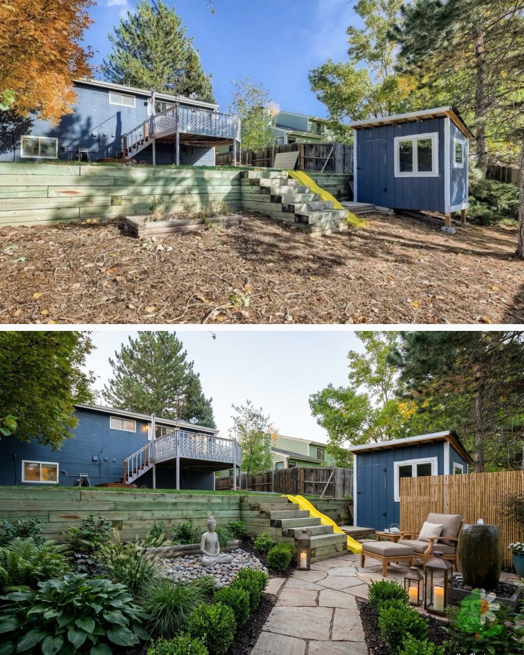 Before and after: yard remixed into Meditation Retreat with YardRemix AI