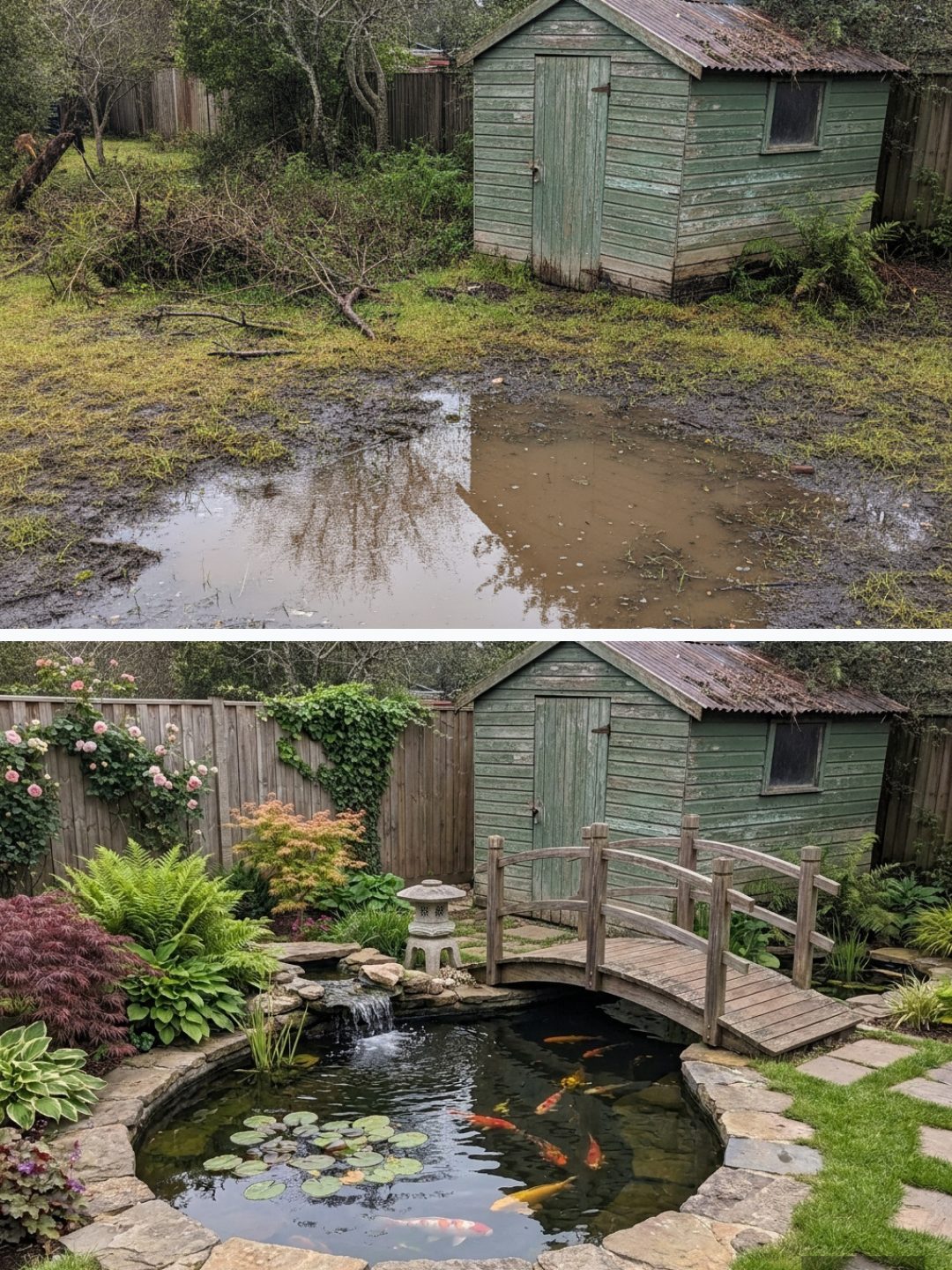 Before and after: yard remixed into Koi Pond with YardRemix AI