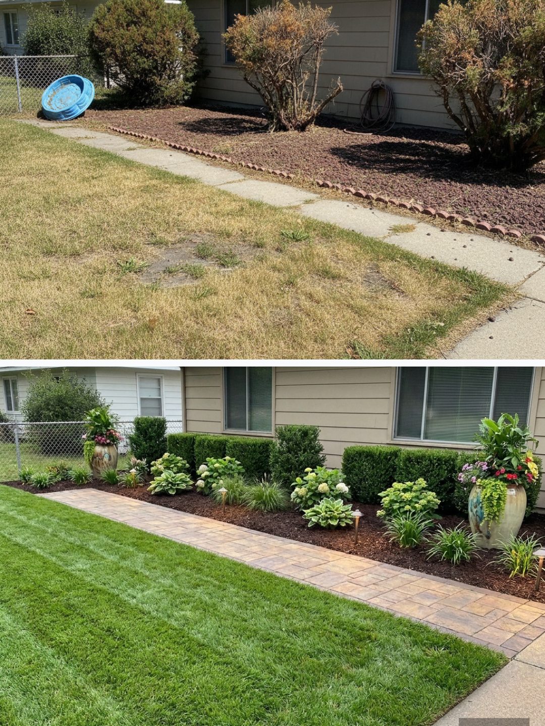 Before and after: yard remixed into Professional Curb Appeal with YardRemix AI