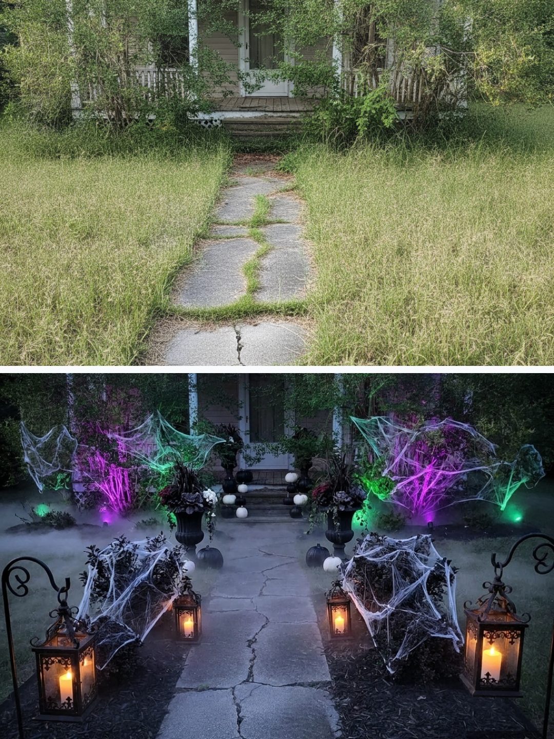 Before and after: yard remixed into Haunted Manor with YardRemix AI
