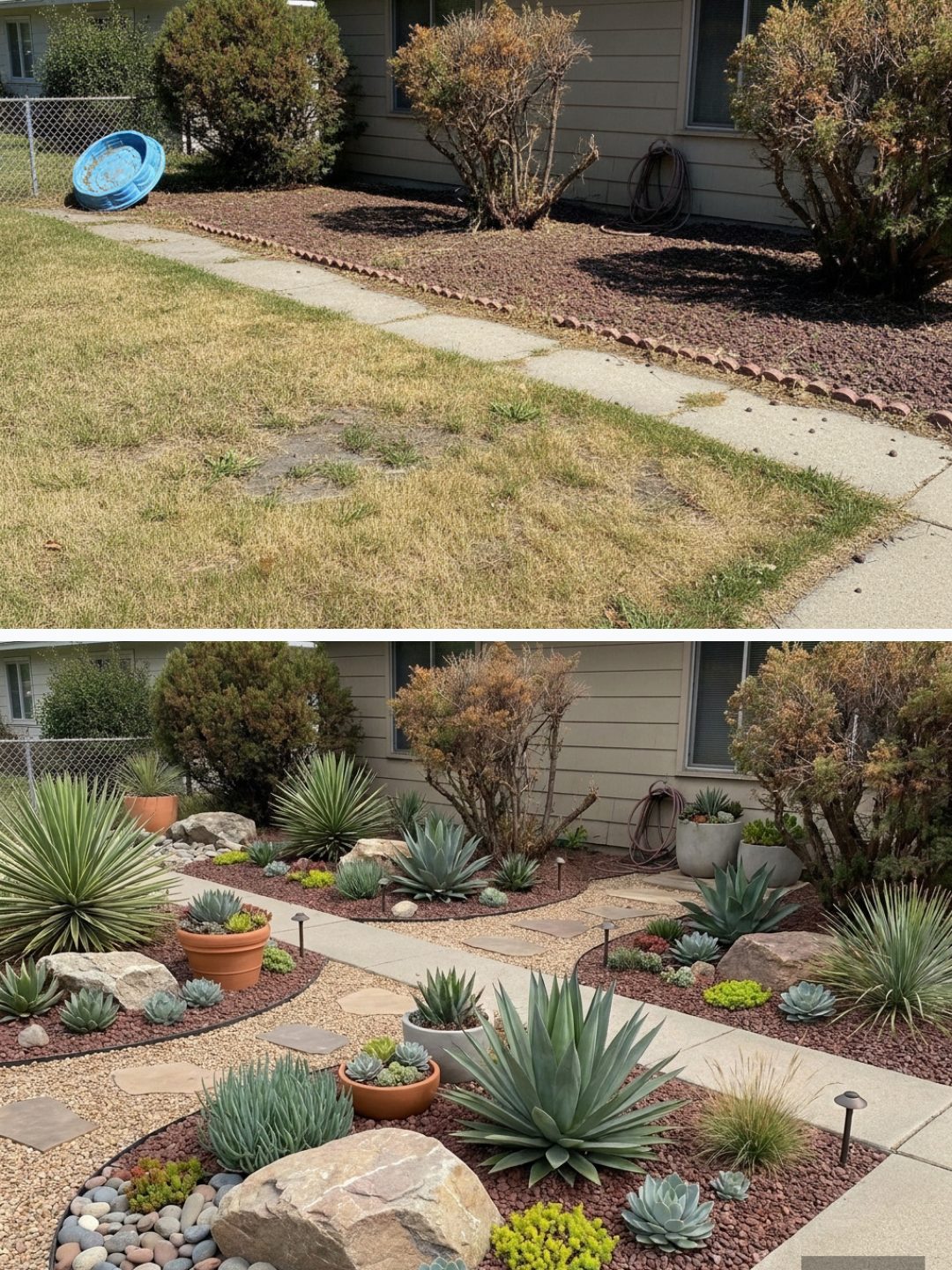 Before and after: yard remixed into Desert Xeriscape with YardRemix AI
