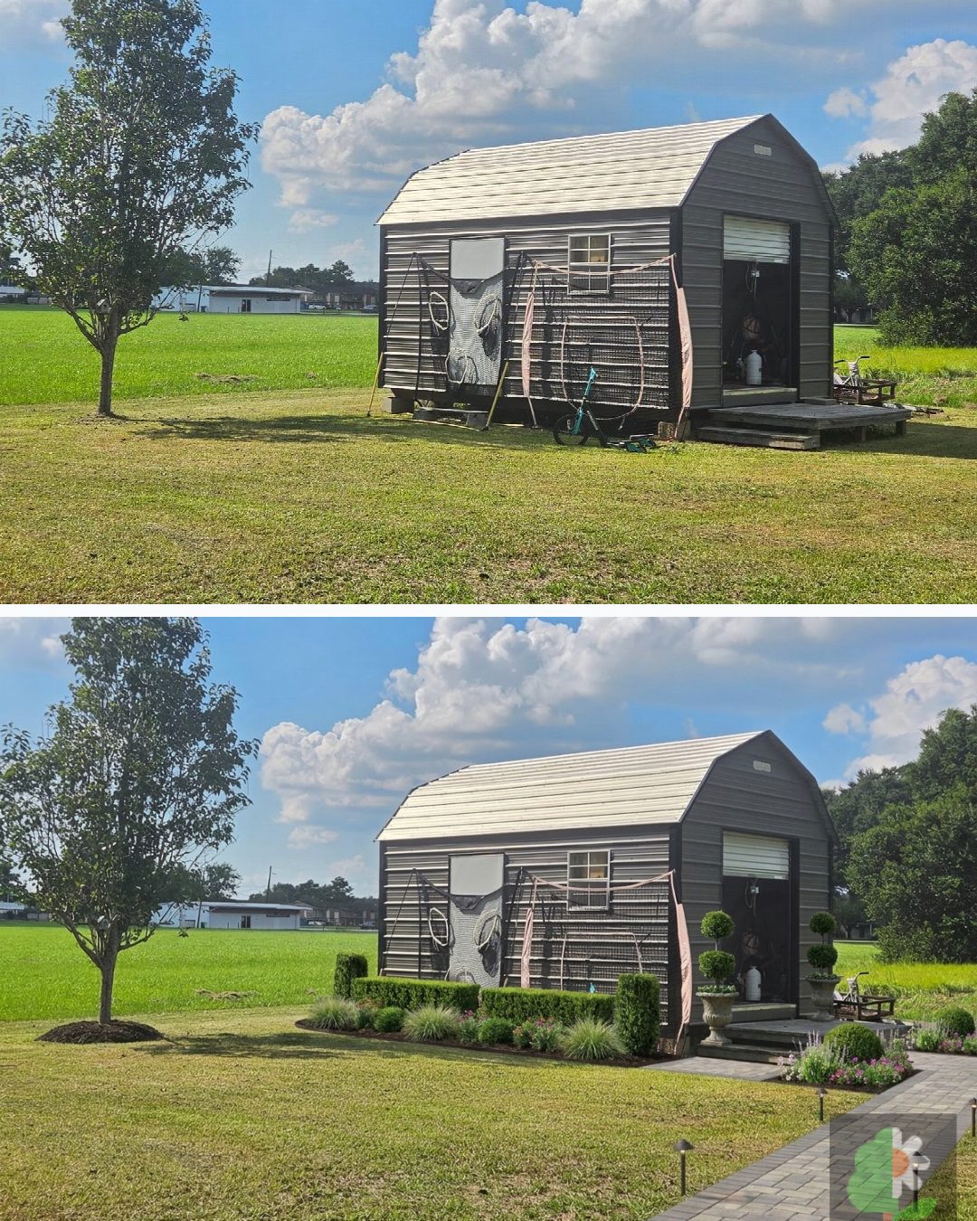 Before and after: yard remixed into Professional Curb Appeal with YardRemix AI