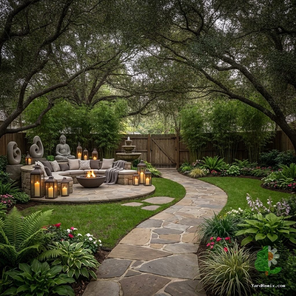 After: the yard remixed into Meditation Retreat by YardRemix AI