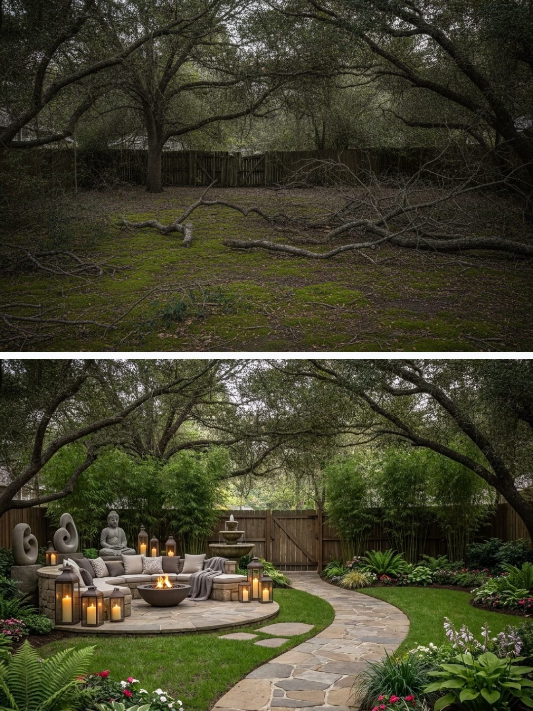 Before and after: yard remixed into Meditation Retreat with YardRemix AI