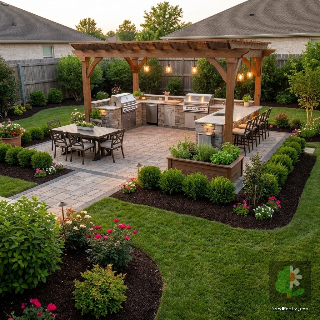 After: the yard remixed into Outdoor Kitchen by YardRemix AI