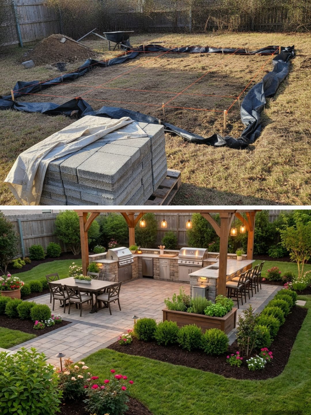 Before and after: yard remixed into Outdoor Kitchen with YardRemix AI