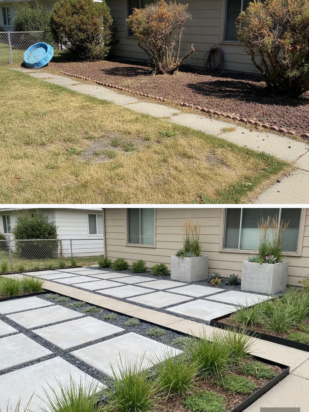 Before and after: yard remixed into Modern Minimalist with YardRemix AI