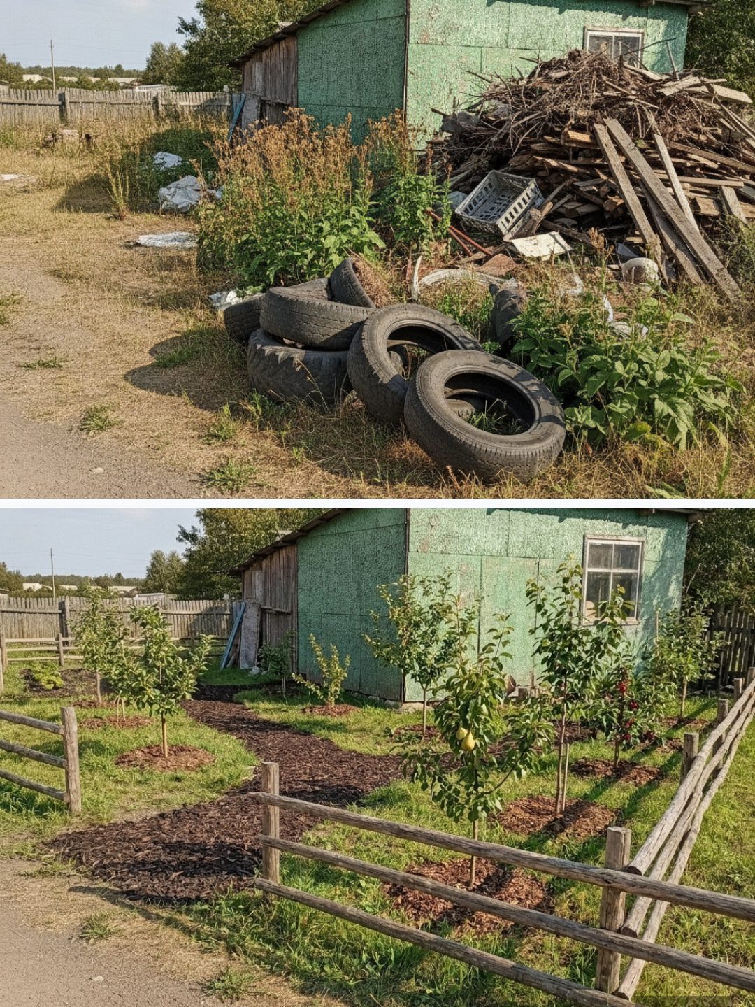Before and after: yard remixed into AI yard makeover with YardRemix AI