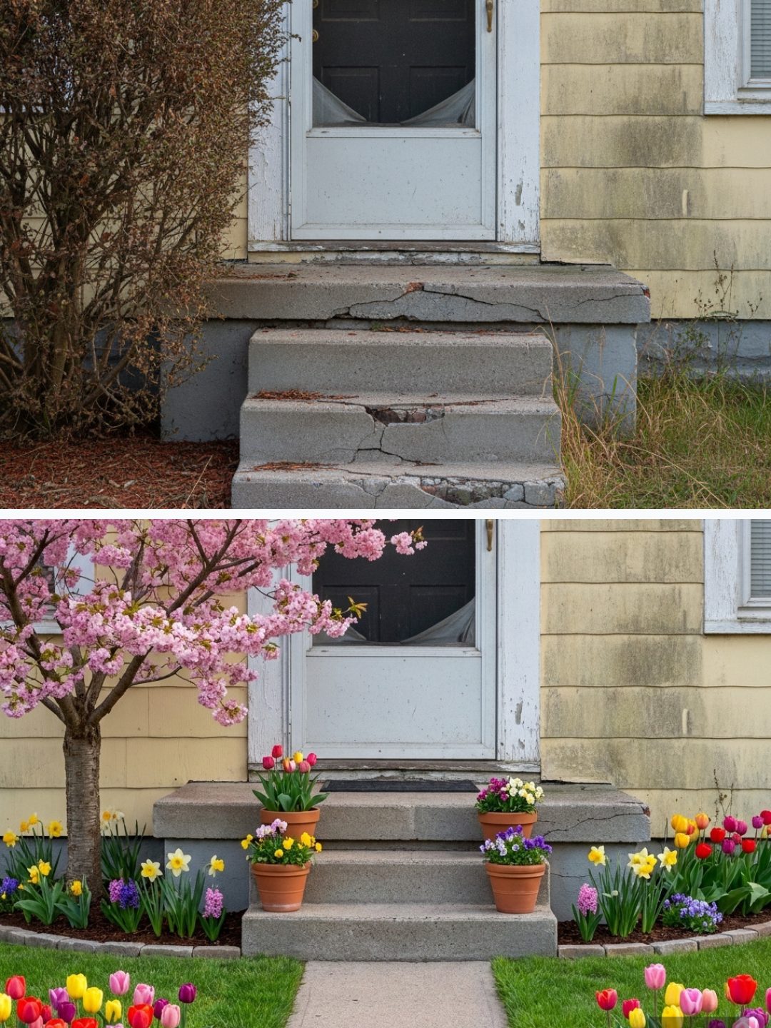 Before and after: yard remixed into Spring Bloom with YardRemix AI
