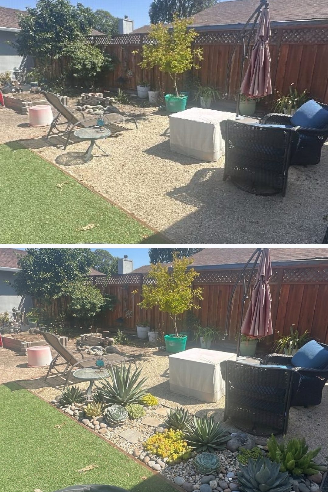 Before and after: yard remixed into Succulent Garden with YardRemix AI