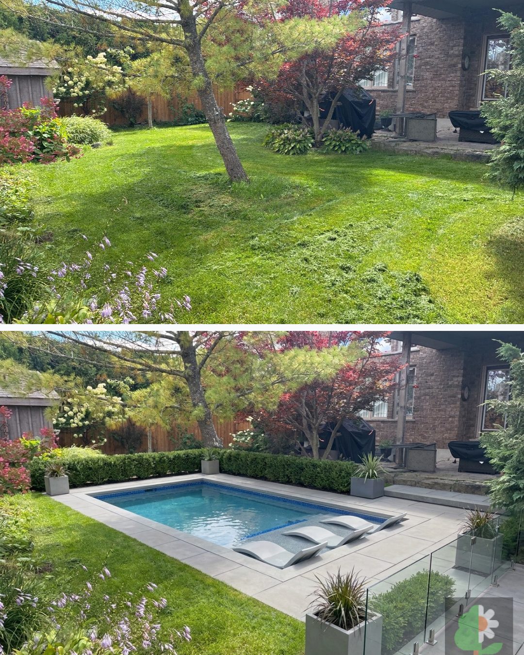 Before and after: yard remixed into Modern Poolscape with YardRemix AI