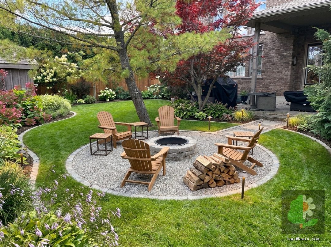 After: the yard remixed into Cozy Fire Pit by YardRemix AI