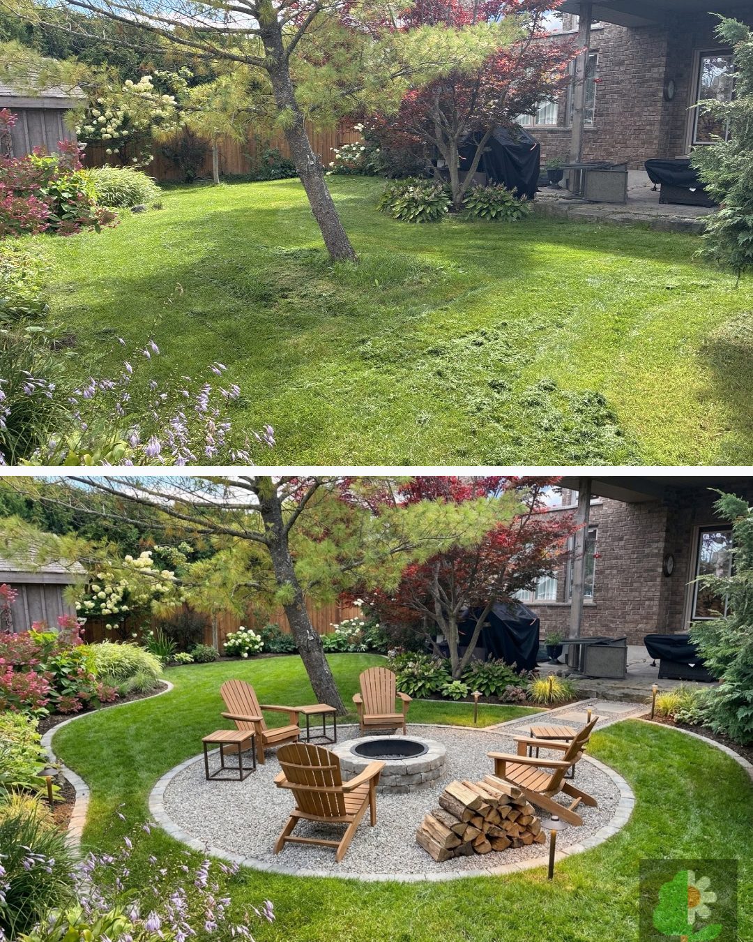 Before and after: yard remixed into Cozy Fire Pit with YardRemix AI