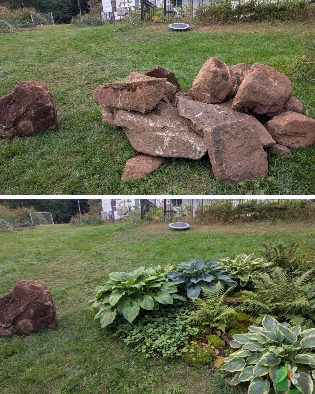 Before and after: yard remixed into Hostas & Ferns with YardRemix AI