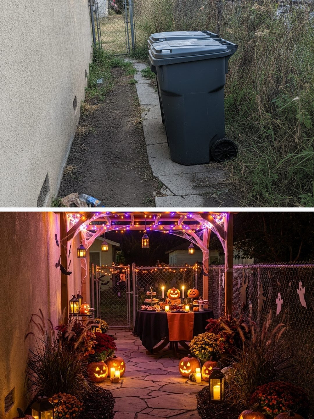Before and after: yard remixed into Halloween Party with YardRemix AI