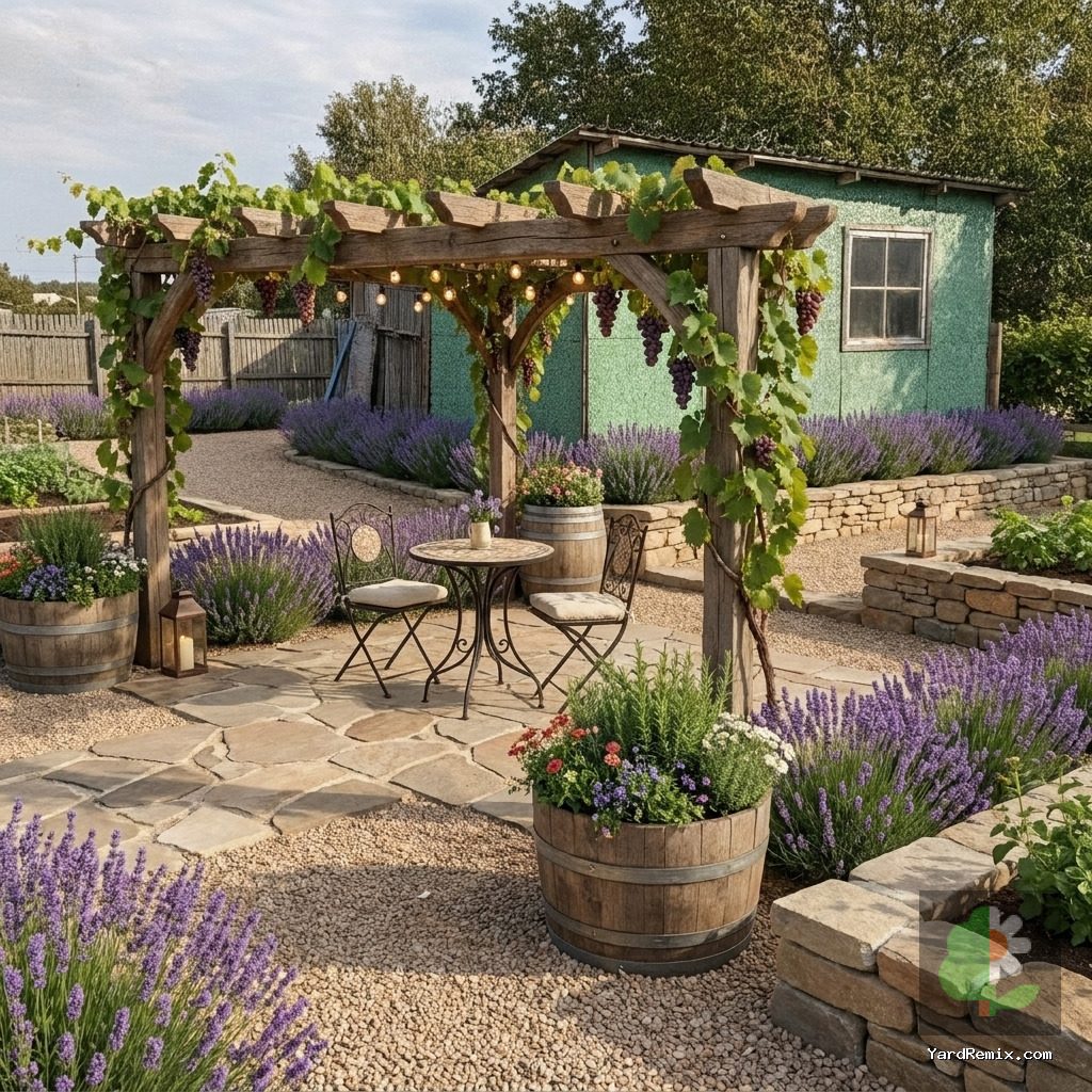 After: the yard remixed into Rustic Vineyard by YardRemix AI